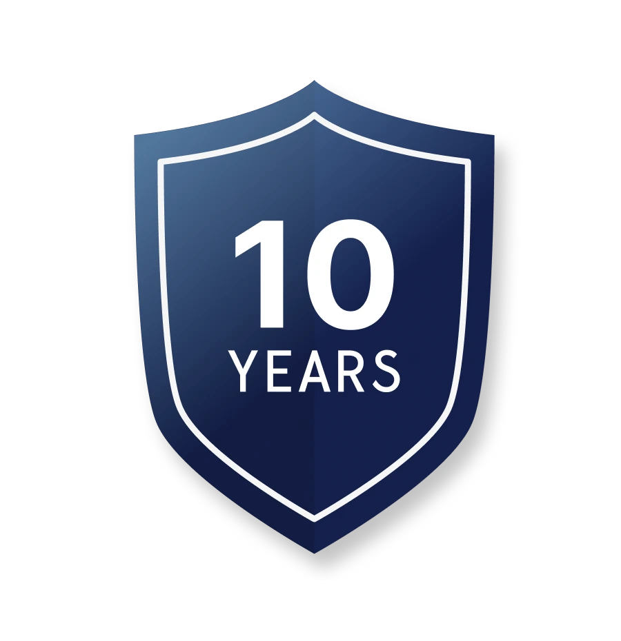 Navy blue shield-shaped badge with '10 Years' text on a white background