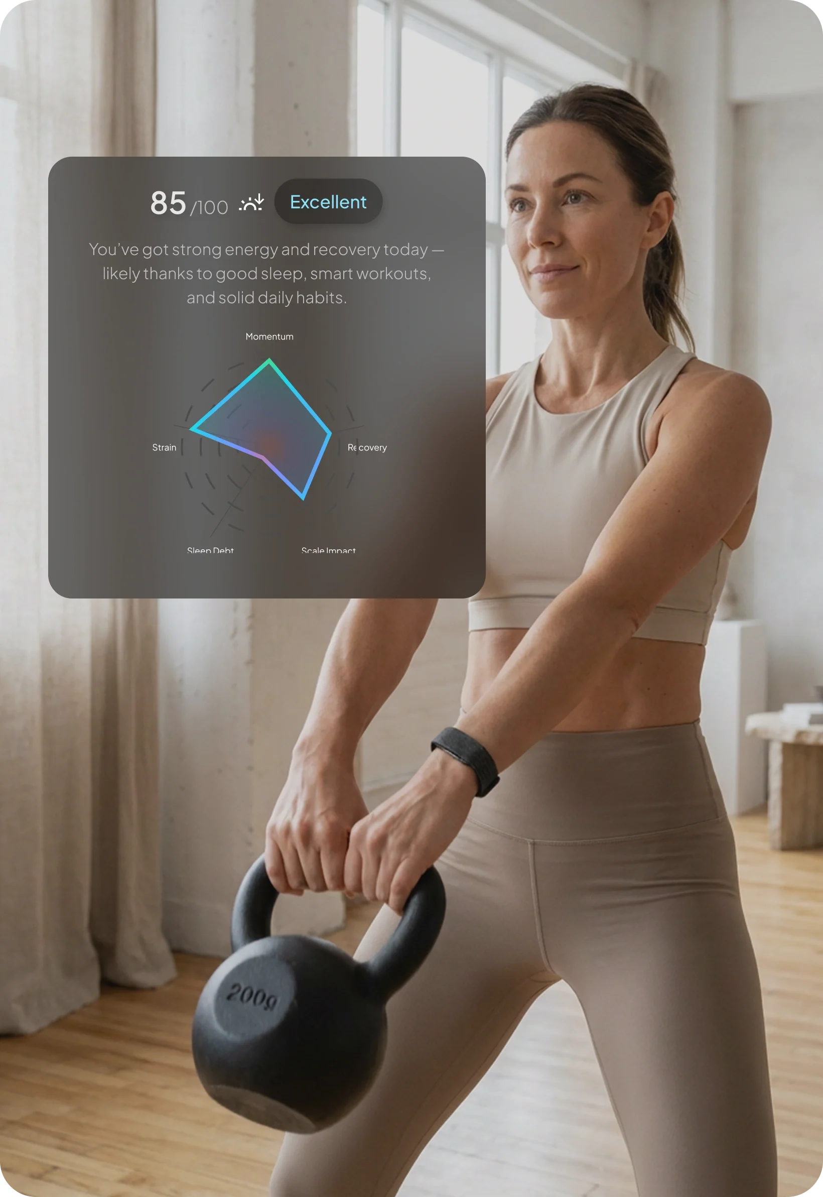 Person wearing a hume band 2.0 while performing a kettlebell exercise indoors. A wellness dashboard overlay displays an energy and recovery score of 85/100 rated as “Excellent,” along with metrics for momentum, recovery, strain, sleep debt, and scale impact.