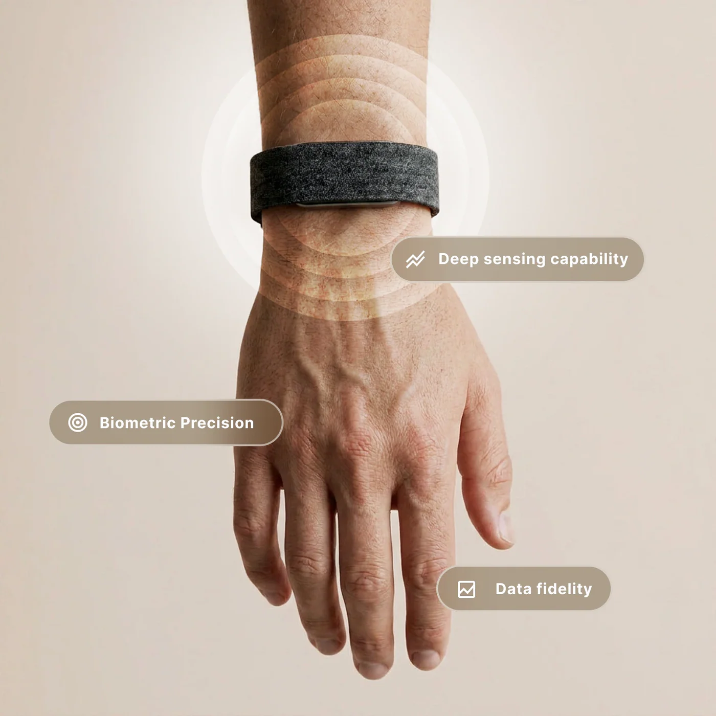 Close-up of a person wearing a hume band 2.0 on their wrist. Visual indicators highlight biometric precision, deep sensing capability, and data fidelity to emphasize advanced health monitoring technology.