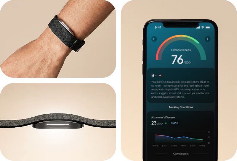 Three-panel product image featuring a hume band 2.0 worn on a wrist, a side profile view of the device, and a smartphone app displaying a chronic illness score of 76/100 with risk indicators and long-term health tracking insights.