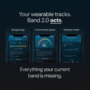 Image with dark background and text reading 'Your wearable tracks. Band 2.0 acts.' Below, three smartphone screens display app features: 'Biological age' showing a score of 32, 'Chronic illness signals' showing a risk score of 76, and 'Metabolic health' showing a weekly momentum report. The bottom text reads, 'Everything your current band is missing