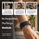 Image of a person wearing the Band 2.0 fitness tracker on their wrist, with three customer testimonial photos and quotes from Elizabeth W., William B., and John T. praising the device. Below, media logos for The New York Times, The Verge, and Men's Health are displayed, along with a note that the product is HSA/FSA eligible for qualified customers.