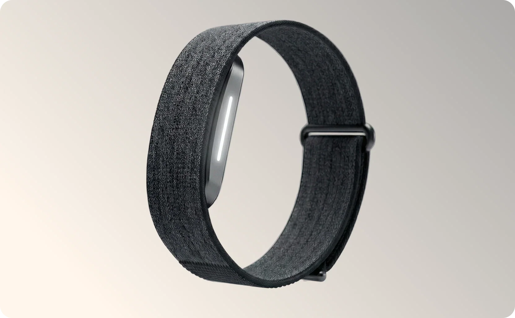 Fitness tracker band 2.0 with woven charcoal grey fabric strap and metal buckle clasp, shown on white background