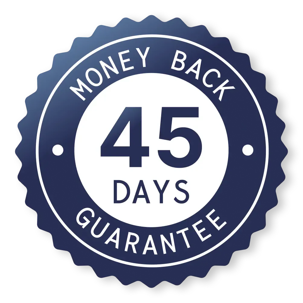 45-day money-back guarantee badge with blue border on white background